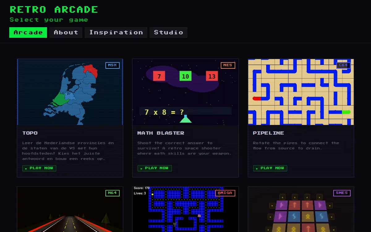 Screenshot van de Arcade-startpagina