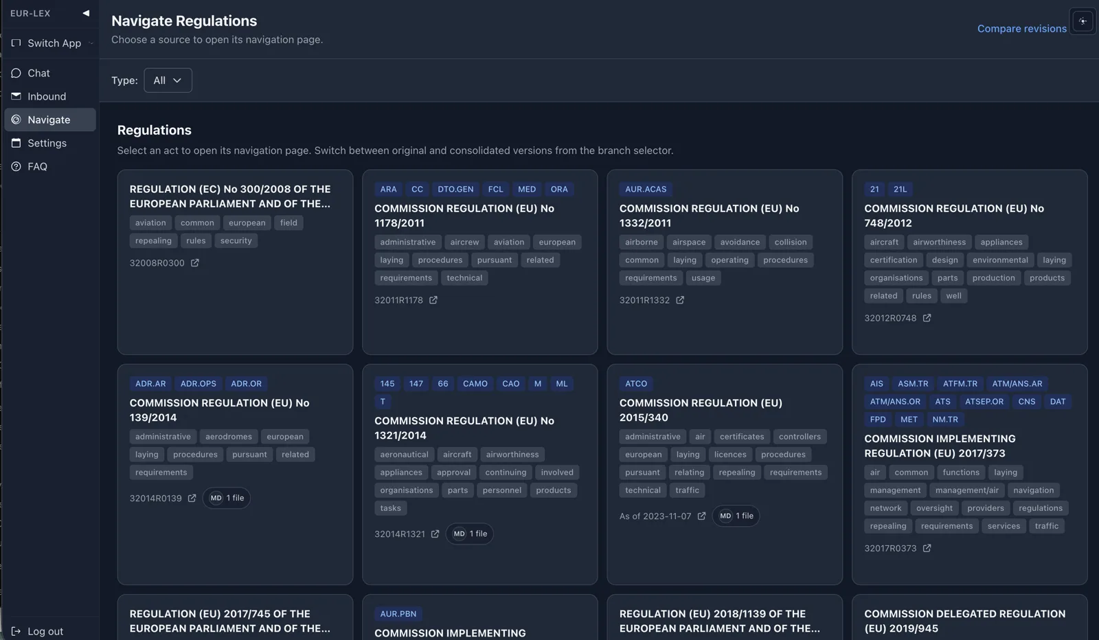 Screenshot van het Eur-Lex-platform: scherm Navigate Regulations met kaarten per EU-verordening