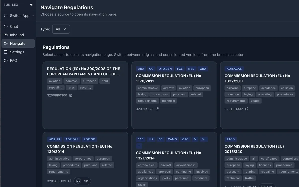 Screenshot van het Eur-Lex-platform: Navigate Regulations met verordeningkaarten
