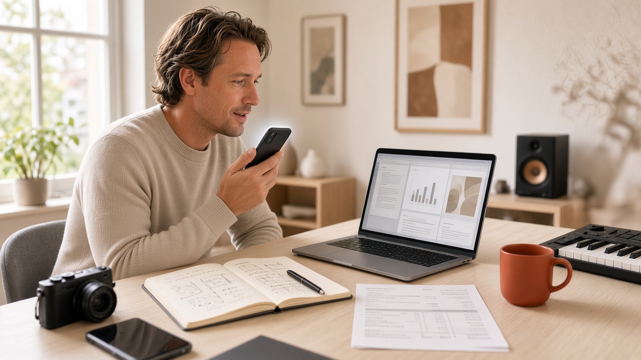 Zelfstandige aan een thuiswerkplek spreekt iets in op zijn telefoon; op tafel een laptop met een document, een schetsboek, camera en keyboard.